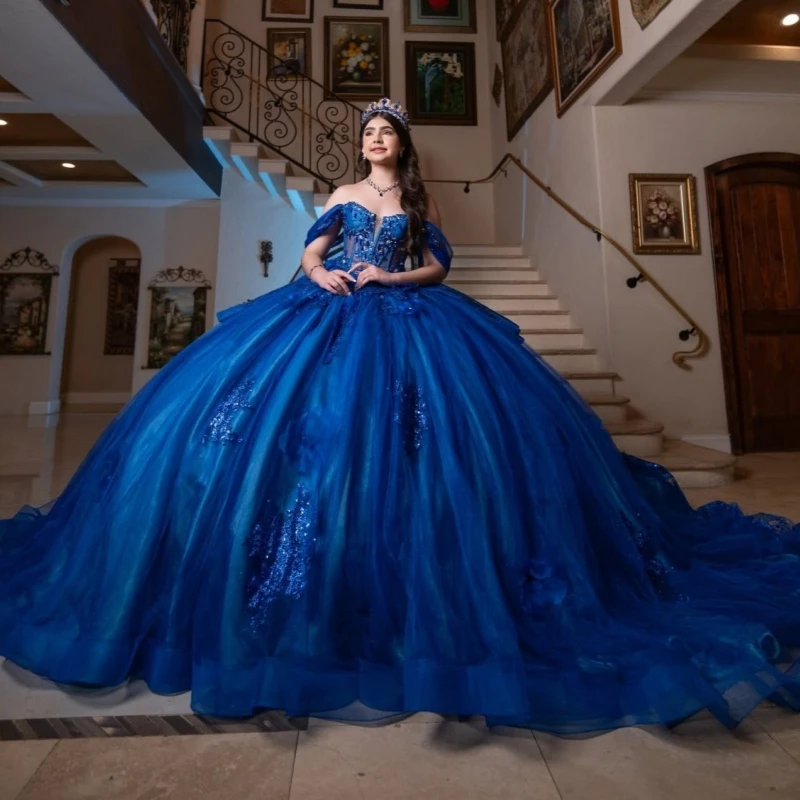 

Navy Blue Shiny Ball Gown Quinceanera Dresses 2026 Applique Flower Beading Crystal Corset Tull Off Shoulder Sweet 16 Dress Vesti