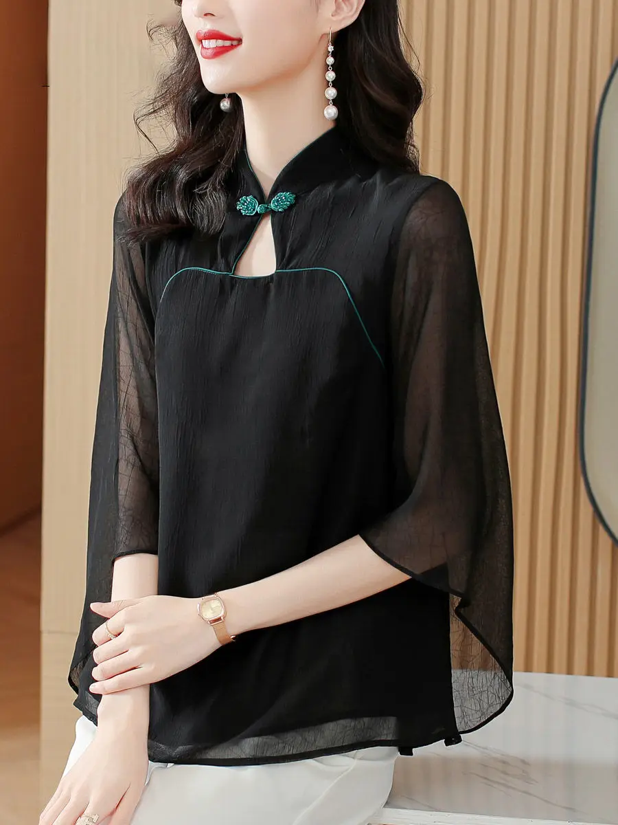 New Chinese Style Improved Cheongsam Five-point Sleeve Chiffon Shirt Top for Women's Summer New Pullover