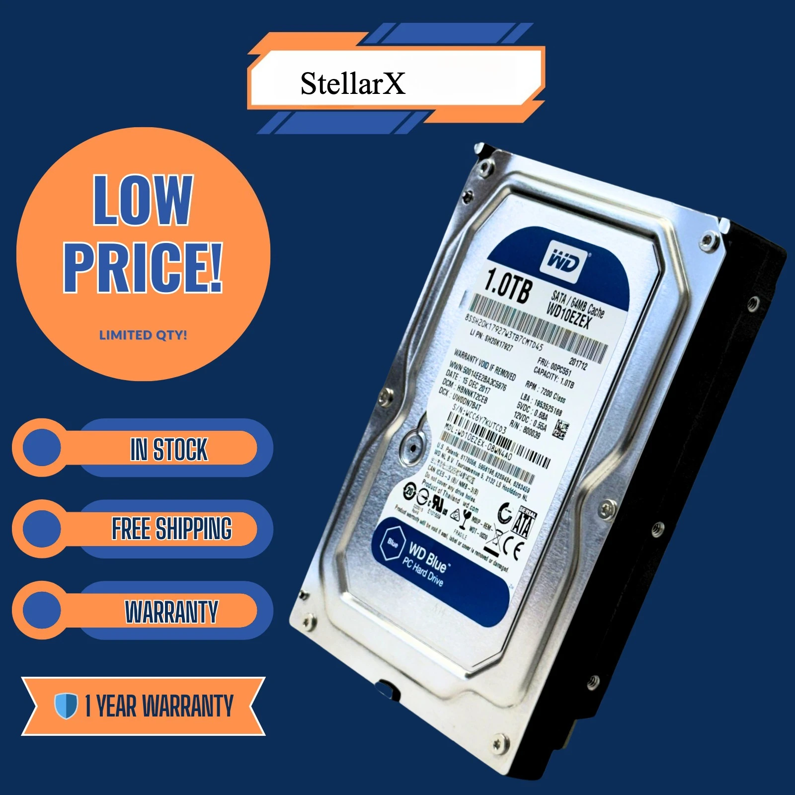 Western Digital WD10EZEX 1 ТБ 7200 об/мин SATA 6 Гбит/с 64 МБ 3,5-дюймовый жесткий диск |   Windows HD |   1 год