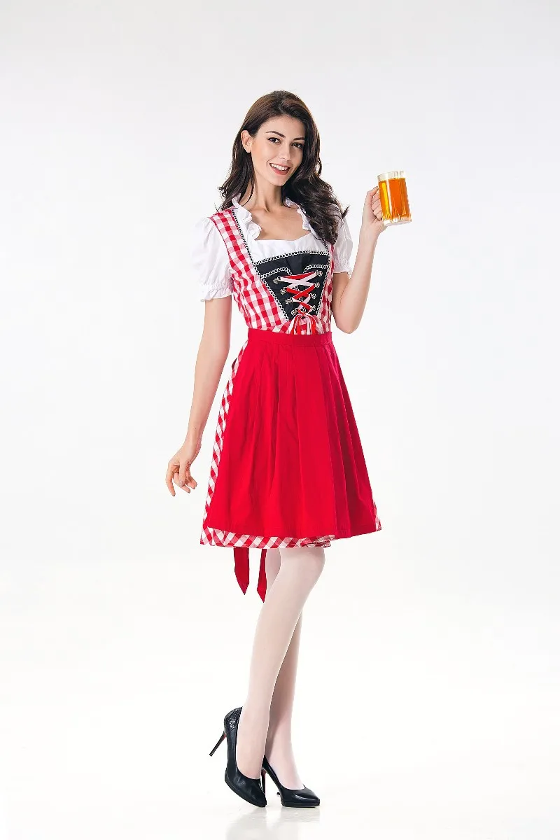 Deutsch Oktoberfest Bier Mädchen Kostüm Frauen bayerische traditionelle nationale Kostüme Bar Kellner rote Baumwolle kariertes Kleid