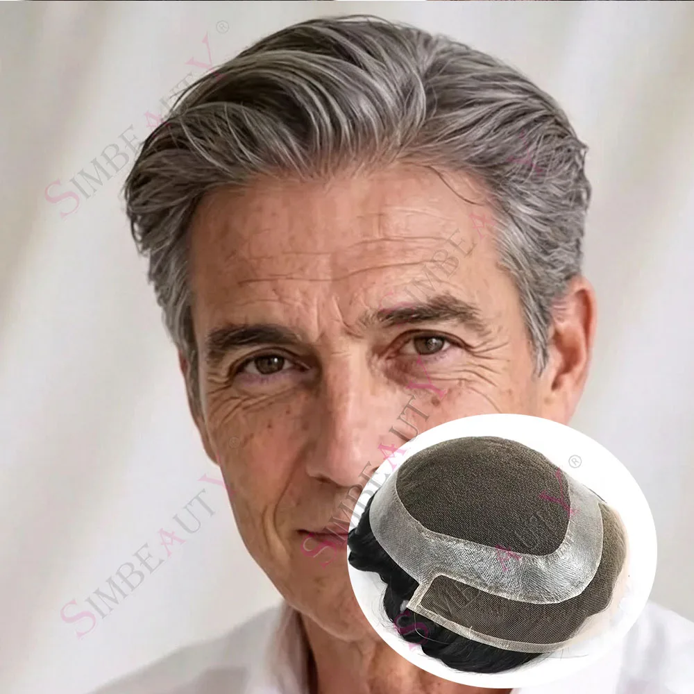 European Virgin Human Hair Topper HD Lace #420 #1B80 Grey Hair System Older Men Invisible Hairline PU Skin Breathable Men Toupee
