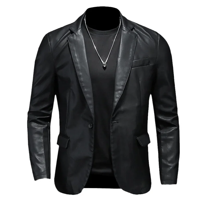 New Trendy Plus Size Slim Fit Leather Jacket for Office Work Street Pocket Fashion Casual Suit Men's Jacket
