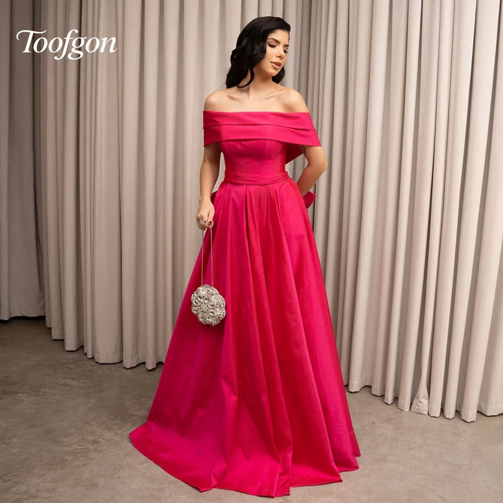 

Toofgon Off The Shoulder Red Prom Dresses Customized Satin Long Women Outfits Formal Birthday Party Evening Gowns