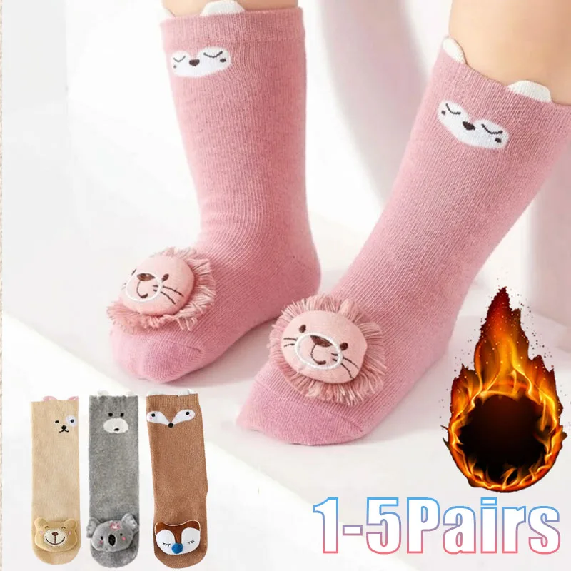 1-5Pairs Winter Kids Over Knee Socks Non Skid Comfortable Stretchy Cotton Fleece Lined for Baby Toddler Boys Girls Daily Wear