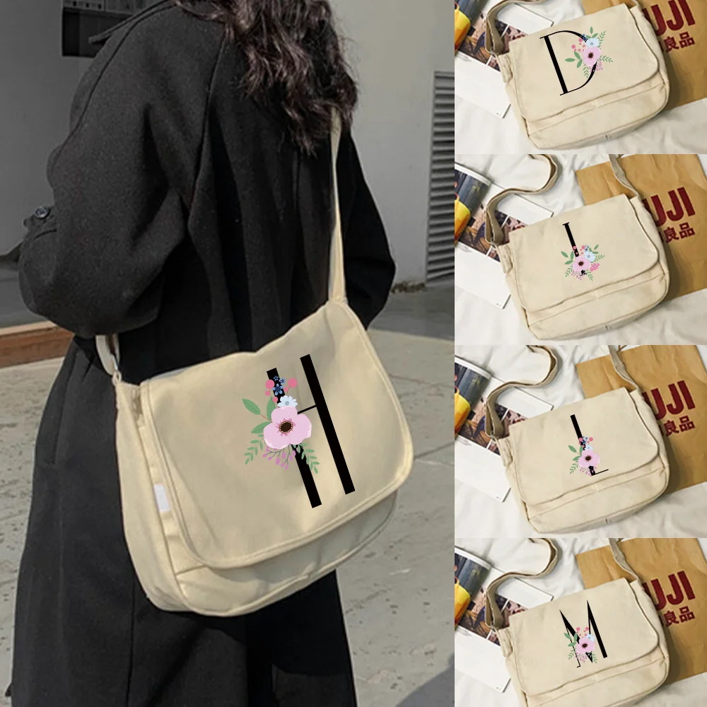 

Flower and Black Large Capacity Canvas Messenger Bag Female Korean Tote Bag Student Harajuku ese One-shoulder Large Bags