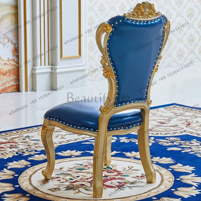 

z.European leather American villa restaurant solid wood carving flower dining table and chairs white casual makeup leather chair