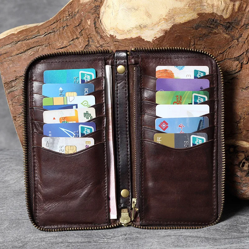 Vintage organizer genuine leather multifunctional men's long clutch wallet simple natural real cowhide ladies phone coin purse
