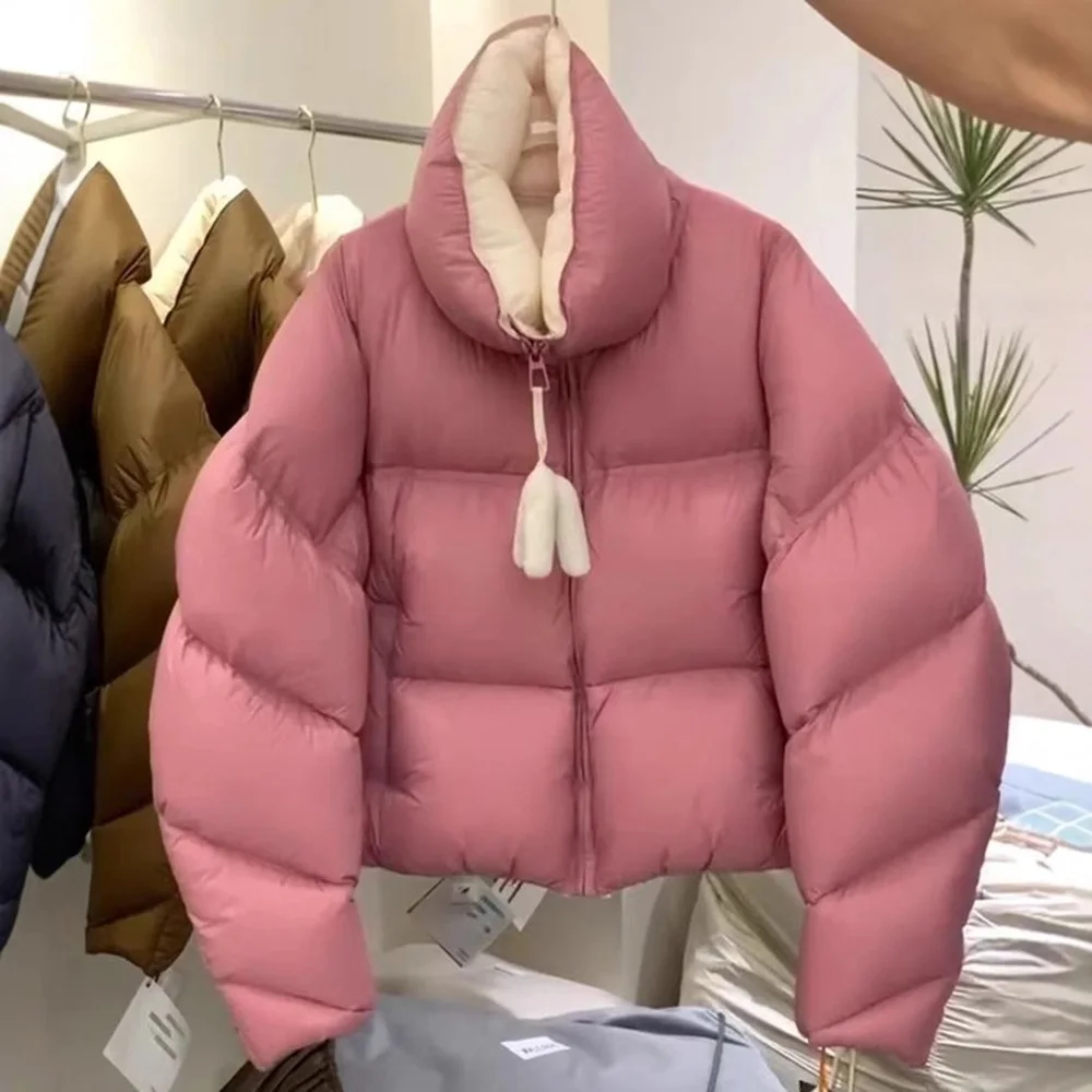 Women's Fluffy Cotton Coats Winter Casual Contrast Color Stand Collar Bread Cotton Padded Jackets Tops Thick Warm Short Coats