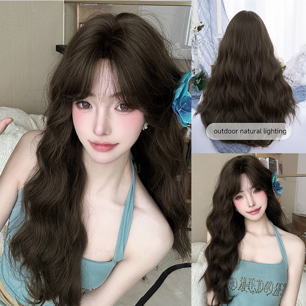 28Inch Natural Black Lovely Lolita Synthetic Wigs with Bang Long Wavy Hair Wig for Women Daily Use Cosplay Drag Heat Resistant