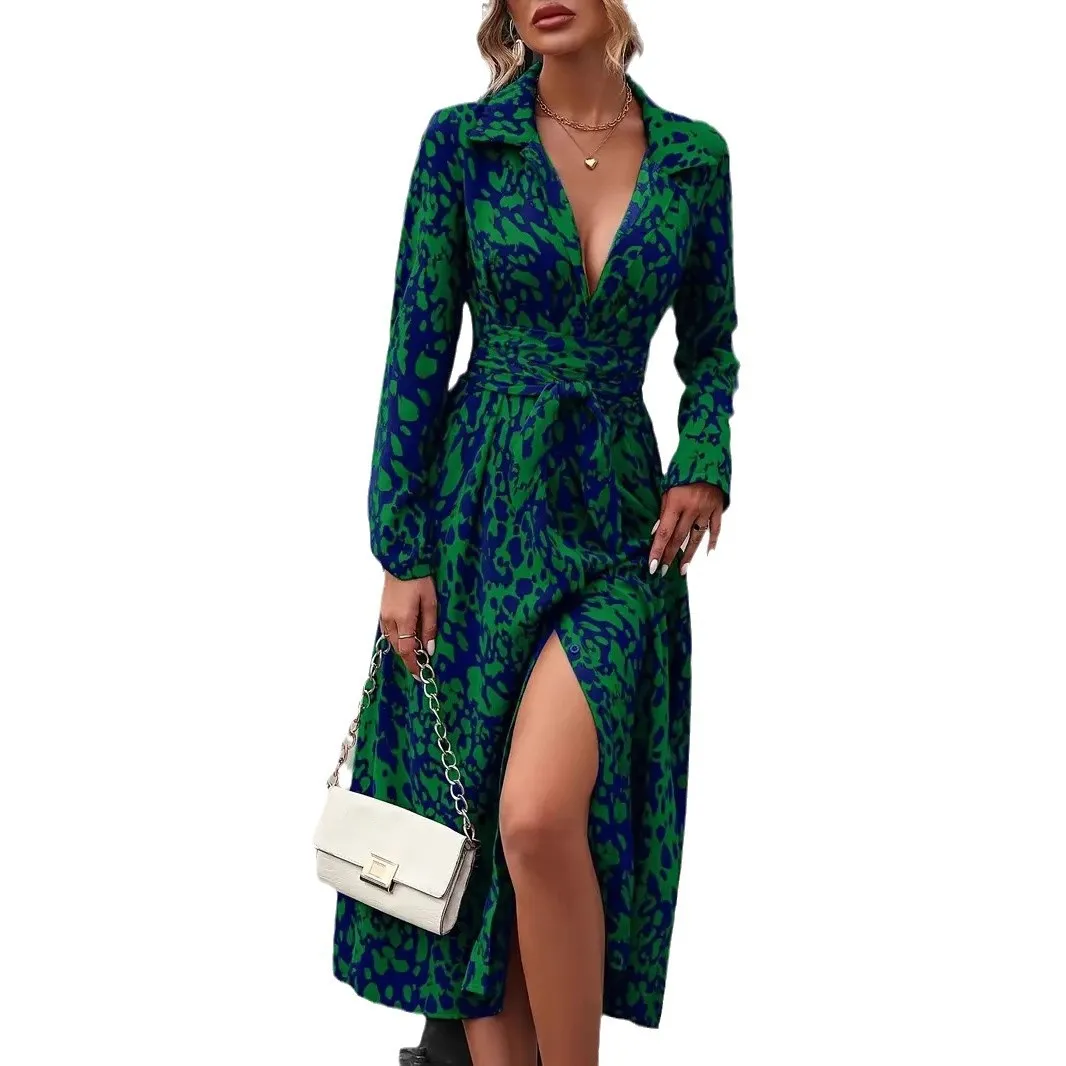 European And American Whole-body Printed Button Excellent Long-sleeved Waist A-shaped Dress