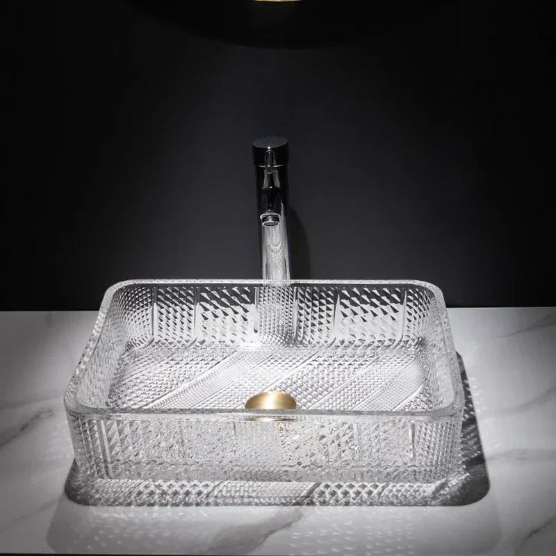 Plating Die-Casting Art Glass Sink Bathroom Square Crystal Above Counter Basin Bathroom Wash Basin Set Drainage Accessories