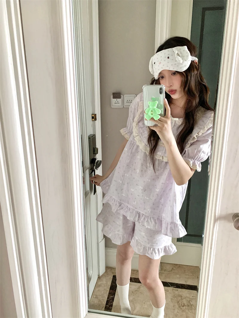 

Summer Home Clothes Set Women's Short Sleeve Lace Knot Short Pants Sleepwear Two-Piece Set Floral Print round Neck