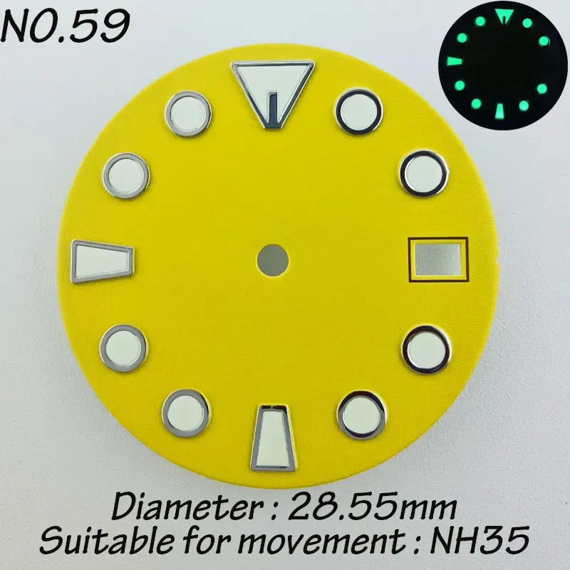 Esfera de reloj NH35 NH36 de 28,5mm adecuada para accesorios de reloj ensamblados de movimiento NH35 NH36, logotipo DIY, esfera luminosa verde