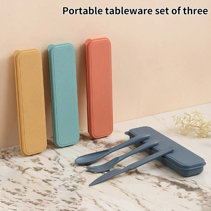 3Pcs Wheat Straw Dinnerware Set Portable Tableware Knife Fork Spoon Eco-Friendly Travel Cutlery Set Utensil Box Chopsticks Set