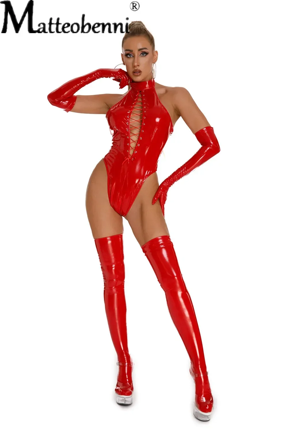 Women Sexy Lace up Lingerie Bodysuit Patent Leather Mock Neck Body Suit Glossy Zipper Catsuit for Club Pole Dancing Full Set