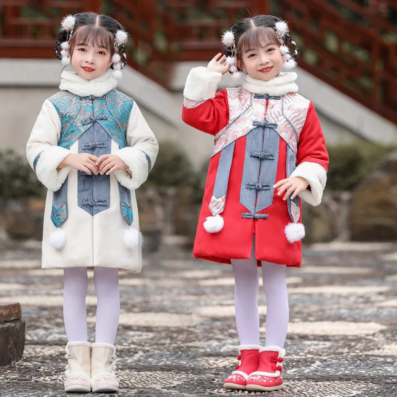 

Winter Girls New Year Dress Chinese Lovely Tang Suit Kids Embroidery Cotton-padded Clothes Children Cotton Ancient Hanfu