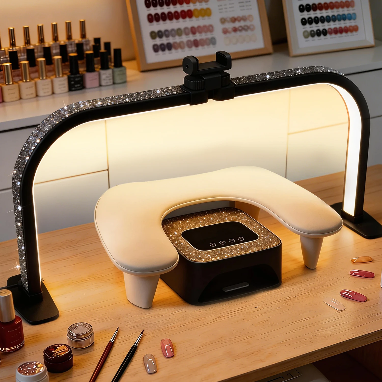 Half Moon Light 25 IN Nail Light Foldable Half Moon Nails Desk Lamp With Phone Holder 3 Color Modes 10 Brightness Nails Light Fo