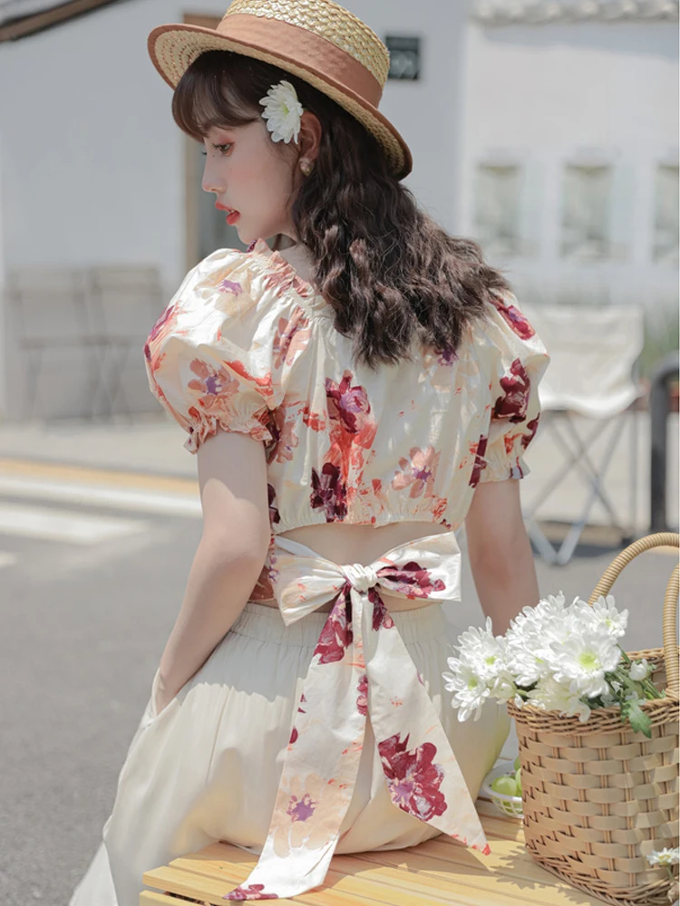 

Vintage Literary Floral Shirts Women Sweet Slim Puff Sleeves Bandage Crop Tops Woman Summer New