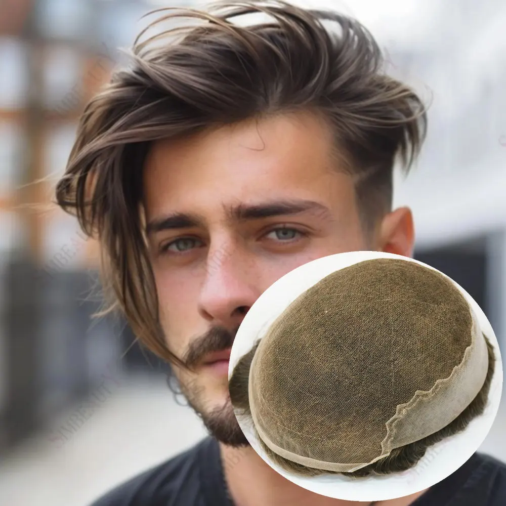 

Men's Natural Front Bleached Knot Hair Toupee Human Hair Replacement System Light Brown Grey Q6Hair Swiss Lace Front&PU HairPiec