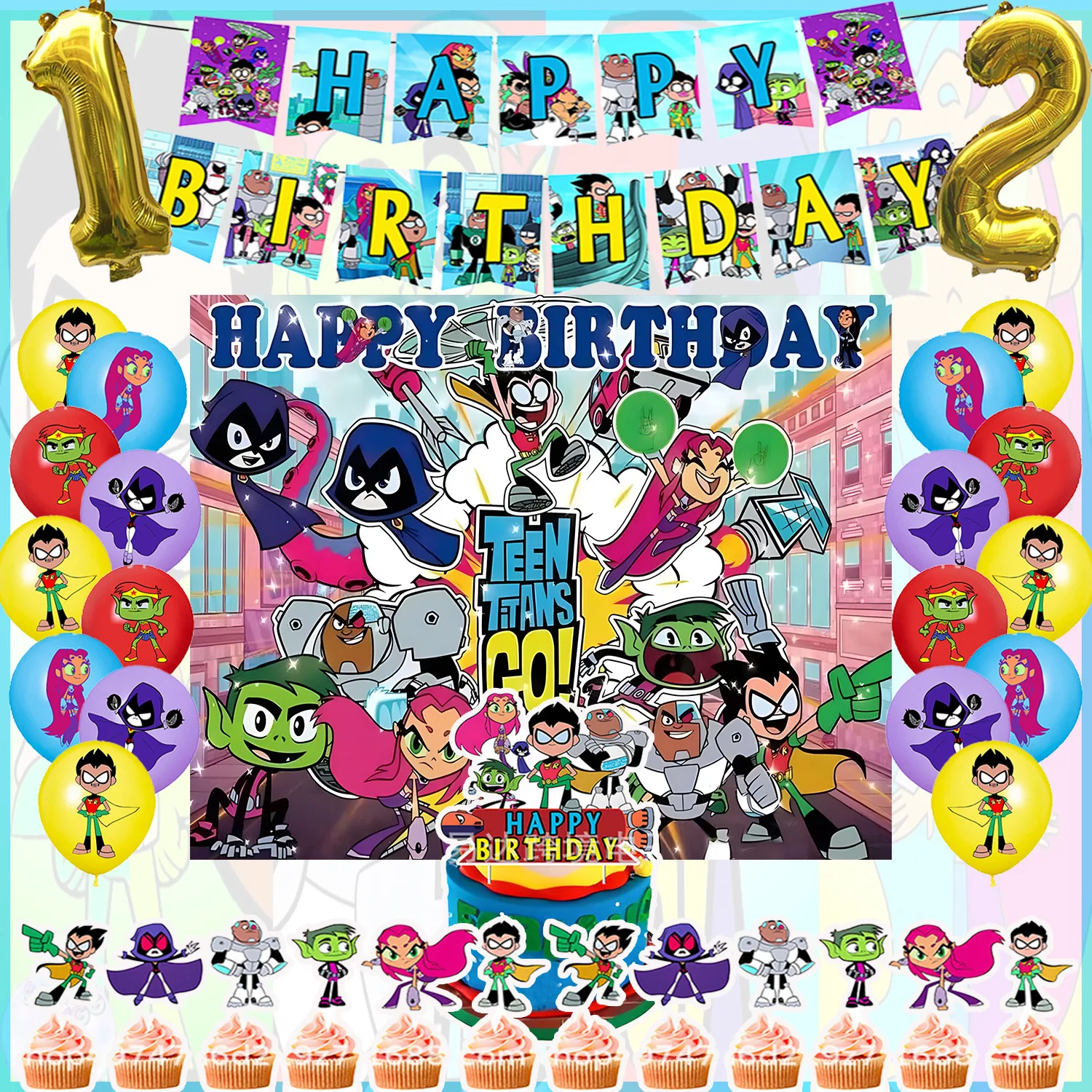 Decorações de Festa de Aniversário Cartoon Teens Titans Go, Faixa de Feliz Aniversário, Balões, Topos de Cupcake, Suprimentos para Festa, Presentes para Meninos