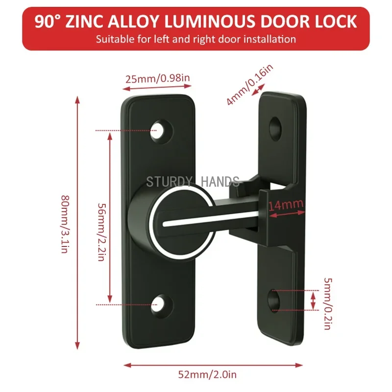 Fechadura luminosa de porta, liga de zinco, 90 graus, trava de porta deslizante, resistente, parafuso de portão de celeiro, proteção de privacidade, armário