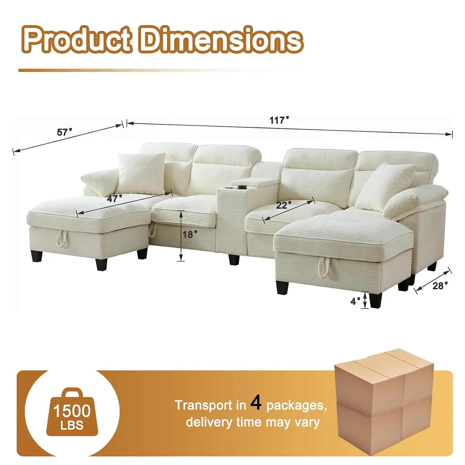 U Shaped Modular Sectional Sofa Comfy Corduroy 6 Seat With USB Console Ottoman For Living Room, Customized