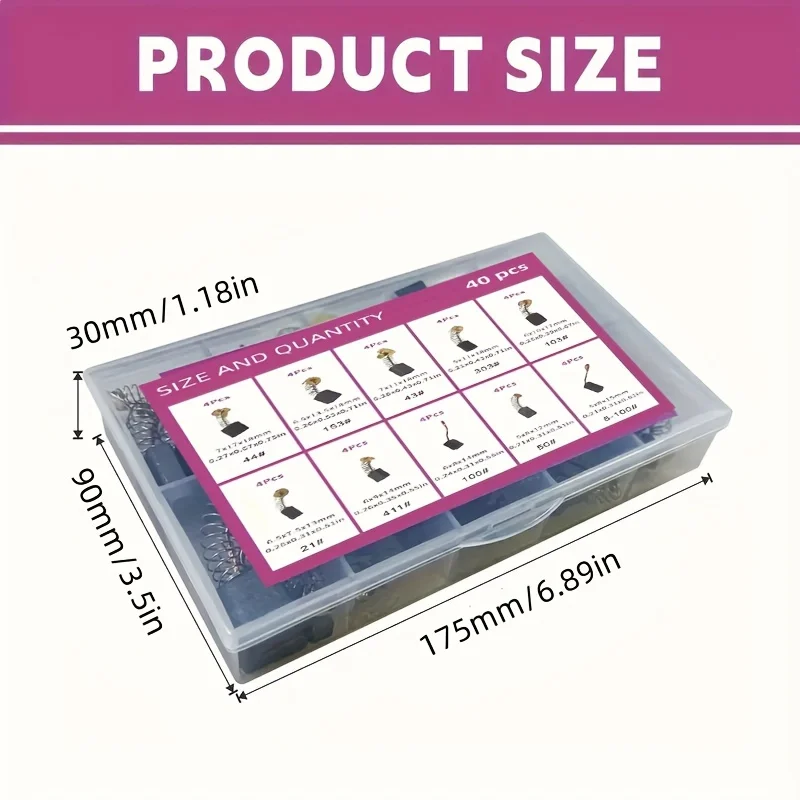 40Pcs Carbon Brush Set, 10 Different Models, 4Pcs of Each Model, Suitable for Repair of Electric Tools Such as Electric Drills and Angle Grinders