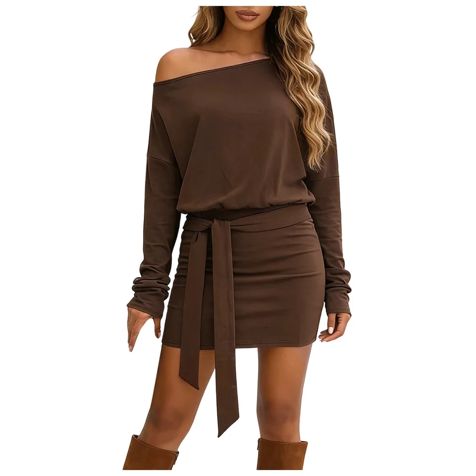 

Women's Dress Chic High Street Sexy Slanted Collar Off Shoulder Slimming Dress Long Sleeve Bodycon Party Dresses Evening Gown