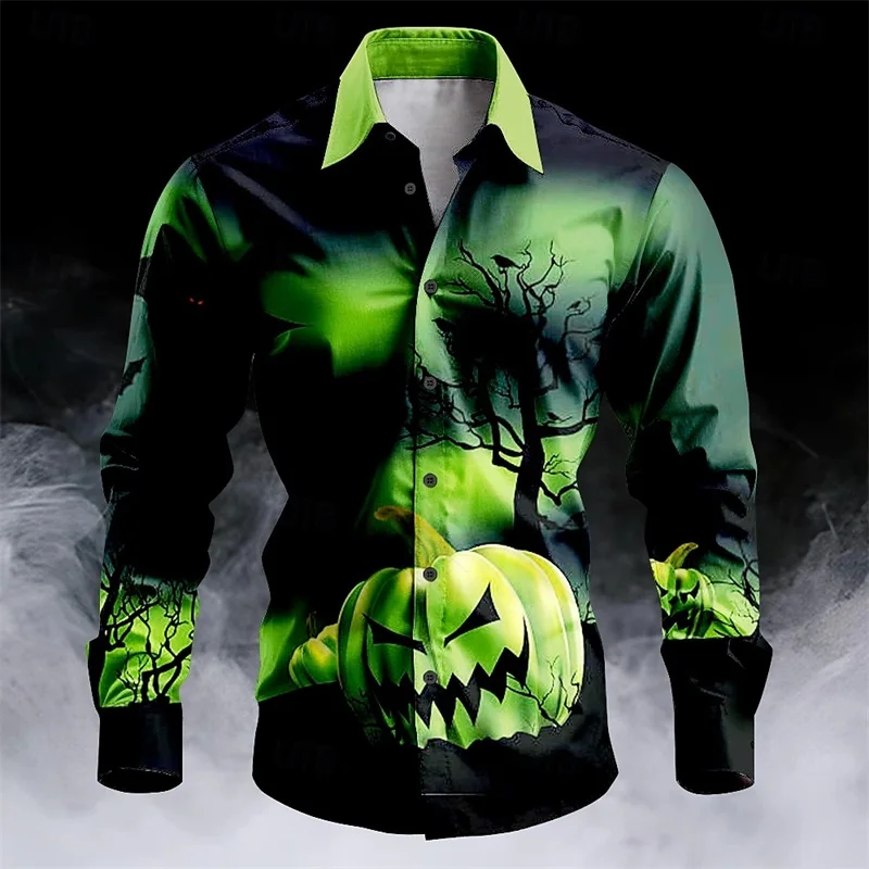 Mens Button Up Shirt  3D Print Halloween Pumpkin Grimace Horror Turndown Shirt Blouse Men's Casual Oversized Party Shirts Tops