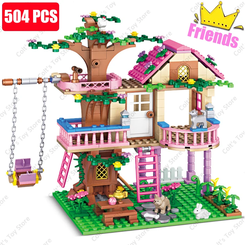 

Hot Pink Friendship Tree House Villa Castle Building Blocks Classic Friends Girl's Model Figures Toys For Kids Birthday Gifts