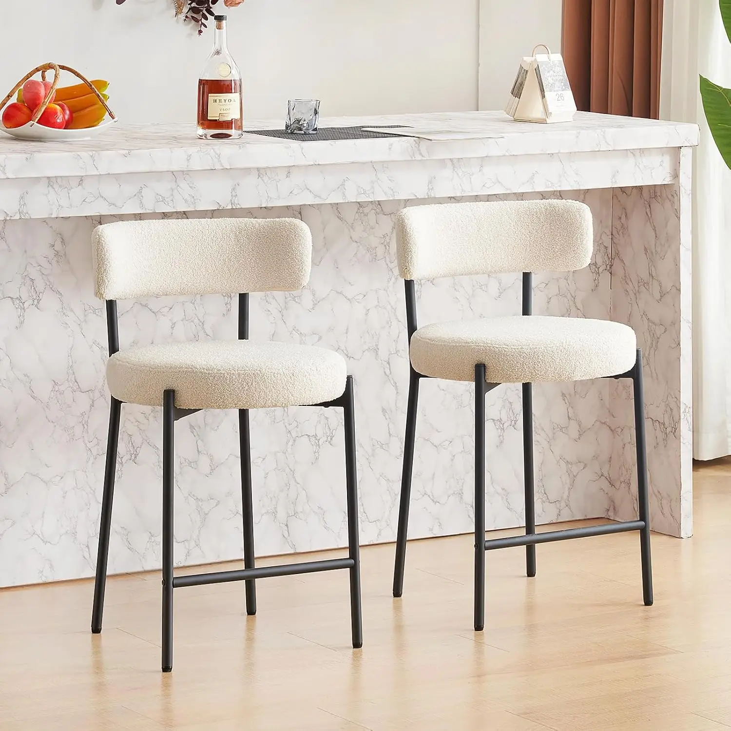 

24'' Bar Stools Set of 2, Modern Boucle Counter Height Bar Stools with Curved Back and Black Metal Frame, Upholstered