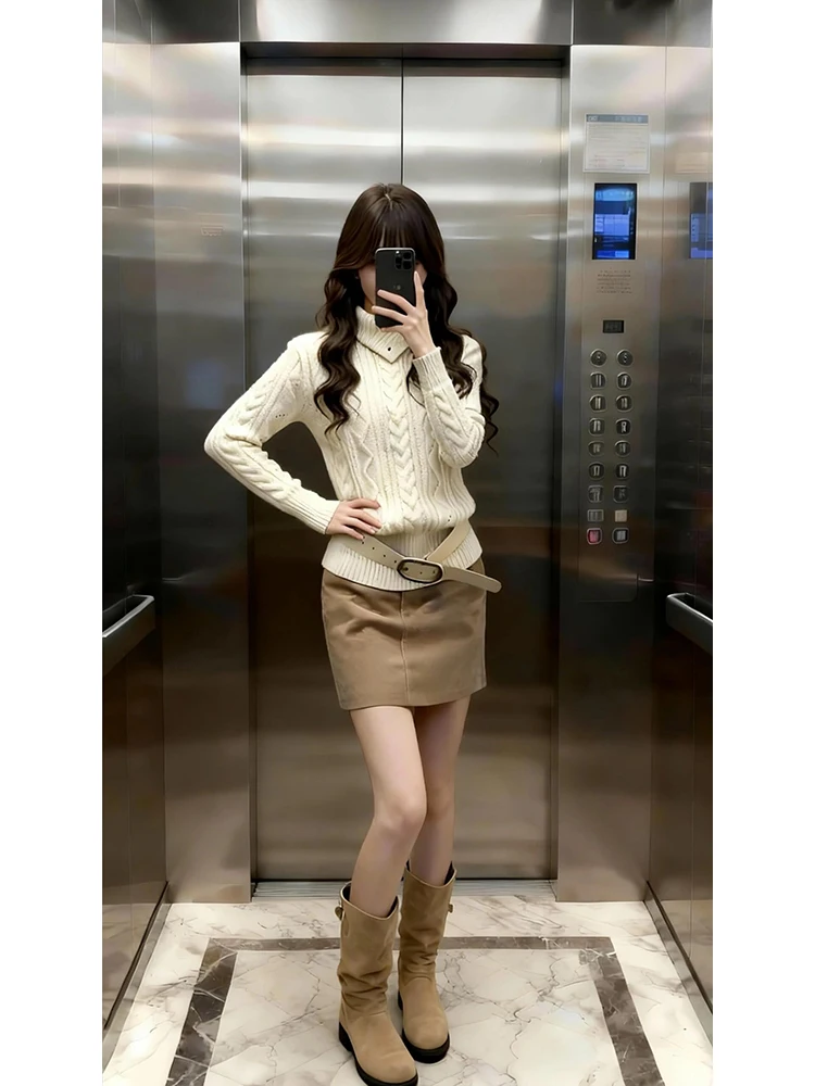 Korean Style Khaki Wrap around  Skirt Women's High Waist Slim Fit Simple Design Autumn Winter New Arrival Short Skirt