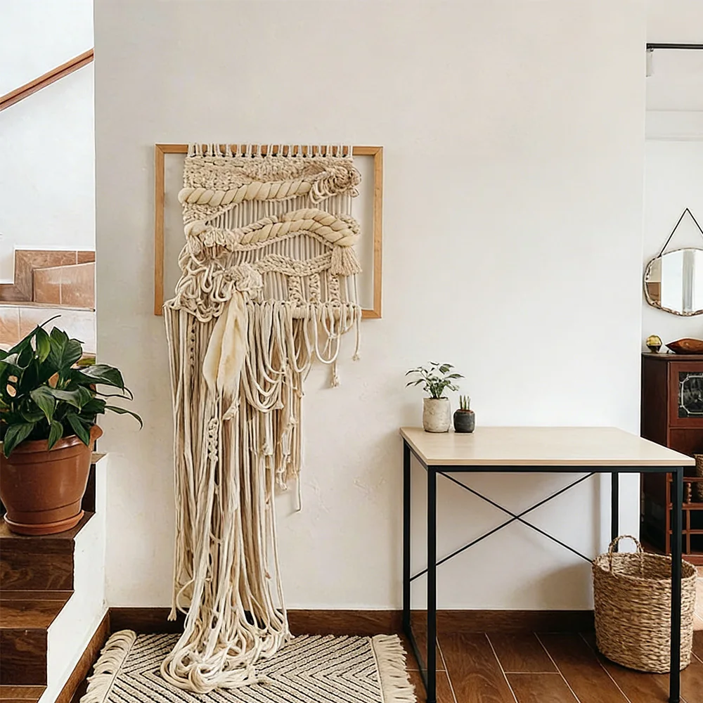 %ss Factory Direct Framed Organic Macrame Wall Hanging Fringe Textile Sculpture for Coastal Bedrooms~*