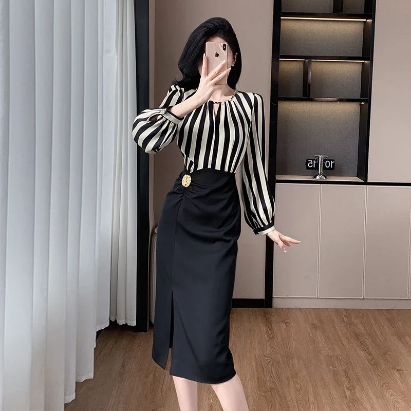 Elegant Striped Long-sleeved Slim Long Pencil Dress Formal Party Office Lady Work