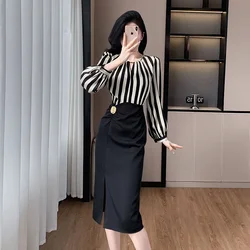 Elegant Striped Long-sleeved Slim Long Pencil Dress Formal Party Office Lady Work