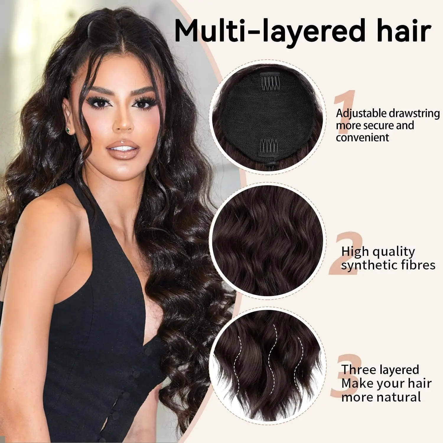 18/26/30 Inch Long Wavy Drawstring Ponytail for Women  Brown Pony Tail Hair Extension Synthetic Ponytail Hairpiece for Daily