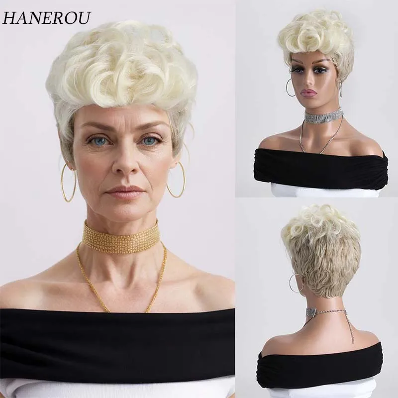 

Synthetic Mixed Light Gold Wigs for Women Short Curly Wig with Bangs For Women Daily Wear Wigs
