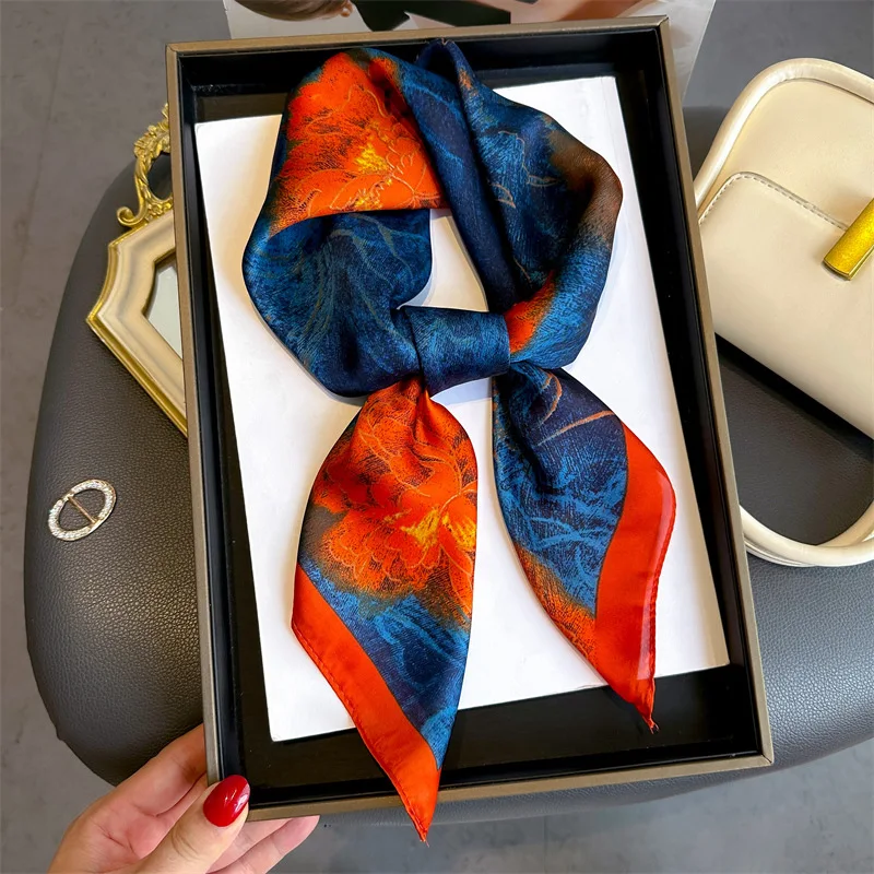 Women Vintage Printing 70X70cm Square Silk Scarf For 2024 New Spring Summer Lady Kerchief Luxury Hijab Hairband Foulard Ribbon