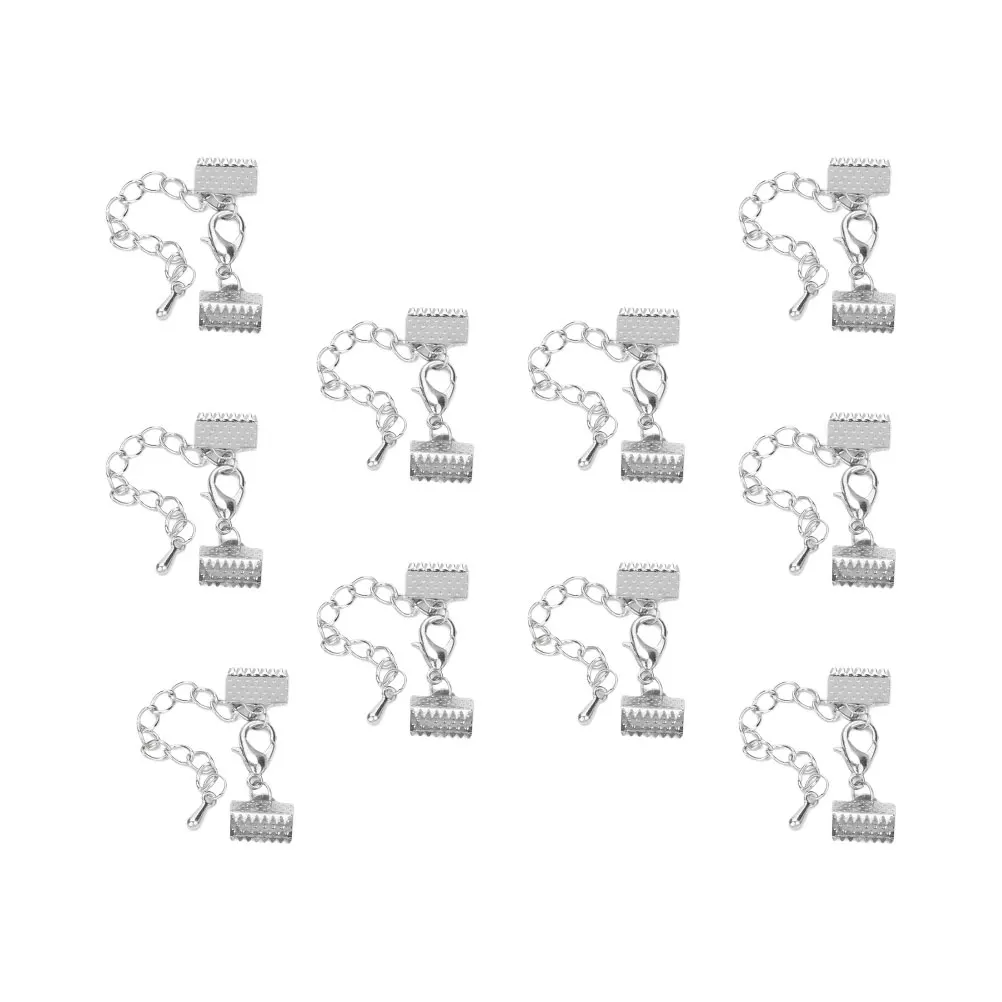 10Pcs Cord End Clasps Crimp Terminals with 5Cm Chain 12Mm Lobster Hook for Ribbon Lace DIY Jewelry Findings