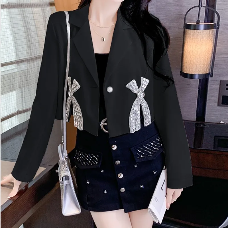 Chic Turn-down Collar Basics Long Sleeve Elegant Rhinestone Butterfly Loose Coat French Streetwear High Street Autumn Winter Top