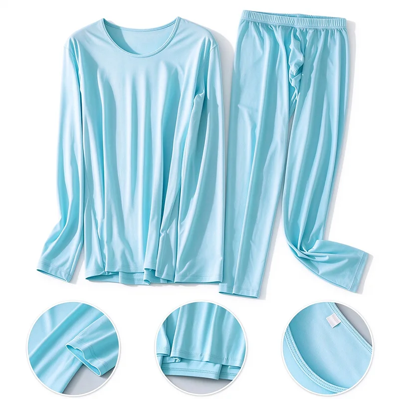 Men's Thin Classic Long Johns Set Ice Silk Comfortable Long Soft Sleep Seamless Soft Underwear Long Sleeves Tops+Bottoms 2pcs