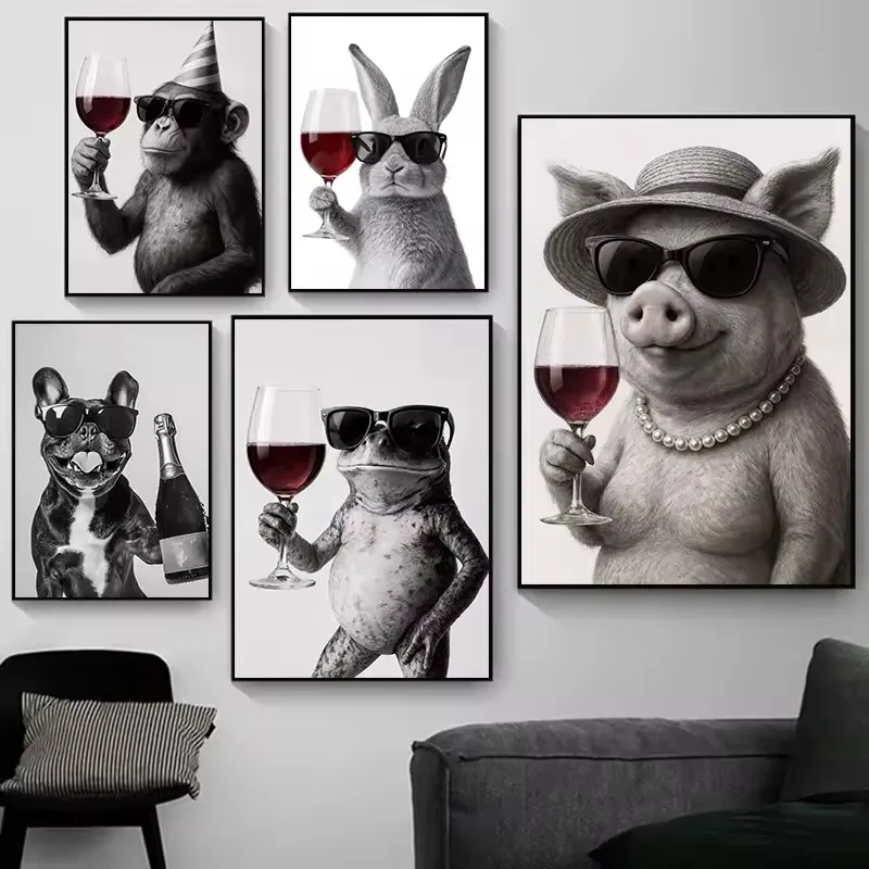 Black White Art French Bulldog Corgi Labrador Eat Pasta Drink Wine Abstract Poster Canvas Paintings Wall Art Pictures Home Decor