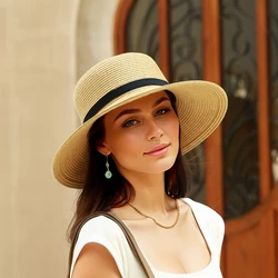 French Top Hat Fashionable and Fashionable Hepburn Hood Children's Summer Grass Knitted Flat Top Straw Hat Sun Protection and Su