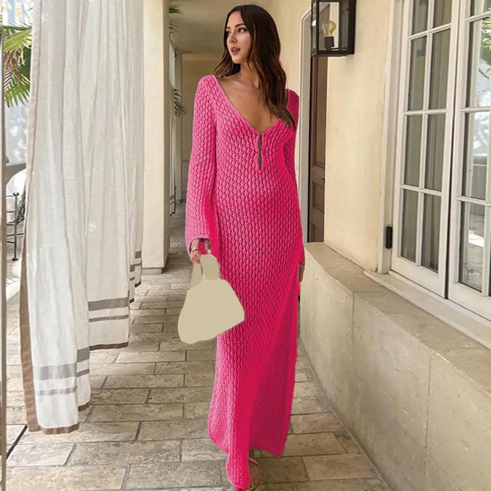 

Women Dress Elegant Hollow Out V Neck Maxi Dress for Women Backless Long Sleeve Knitted Beach Coverup with Sun Protection