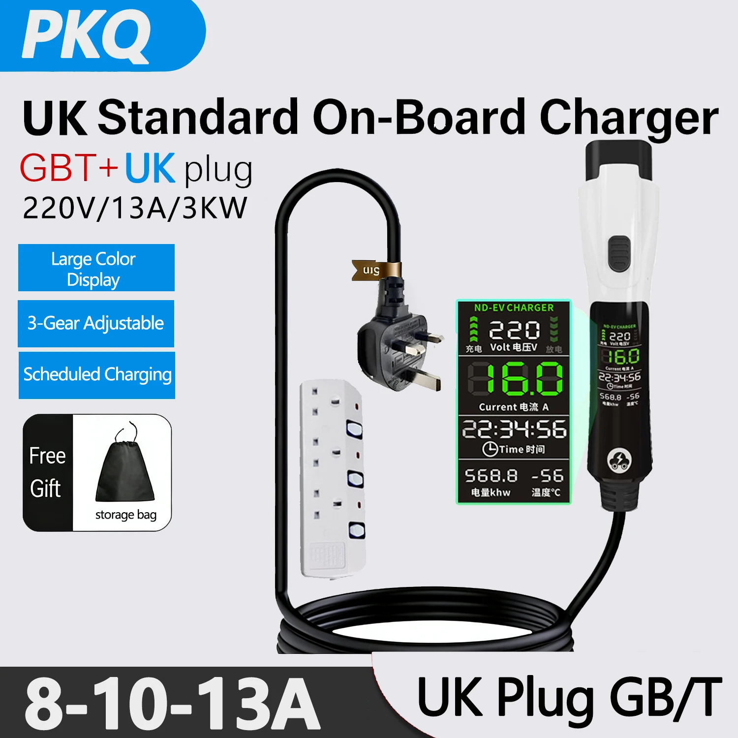 Cargador Portátil para Vehículos Eléctricos PKQ 3KW 13A GB T EV, Cable de 5M, EVSE, Adaptador de Enchufe de Pared para Reino Unido, con Pantalla