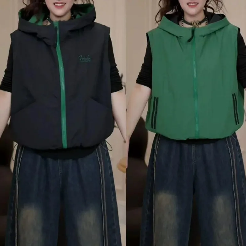Casual Women Spring Reversible Hooded Vest Loose Slim Sleeveless Waistcoat Simple Versatile Tops
