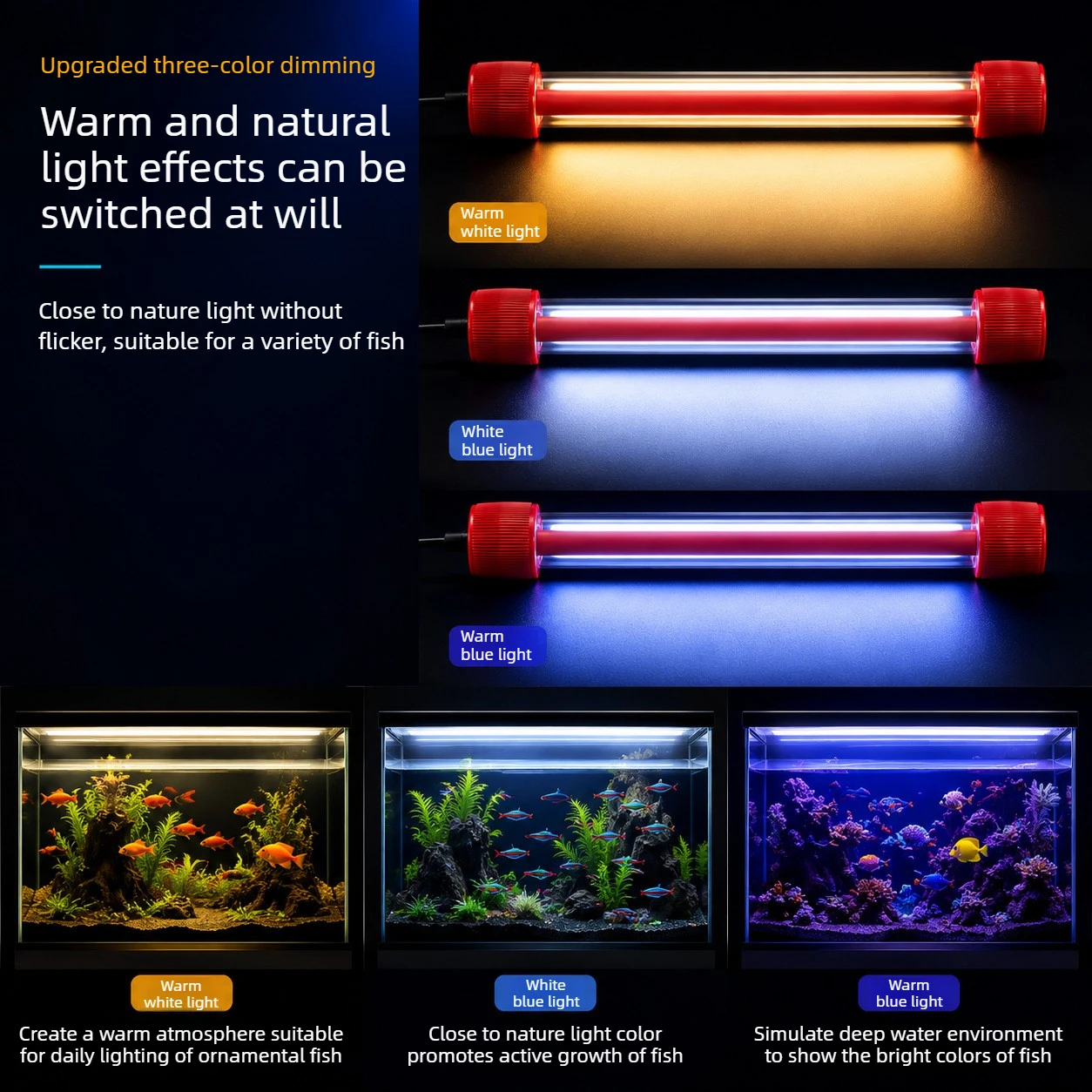 Sumbersible LED Fish Tank Light ,LED Aquarium Light Fixture with Switch, Adjustable 3 Color Light Mode, Enhance Fish Hair Color