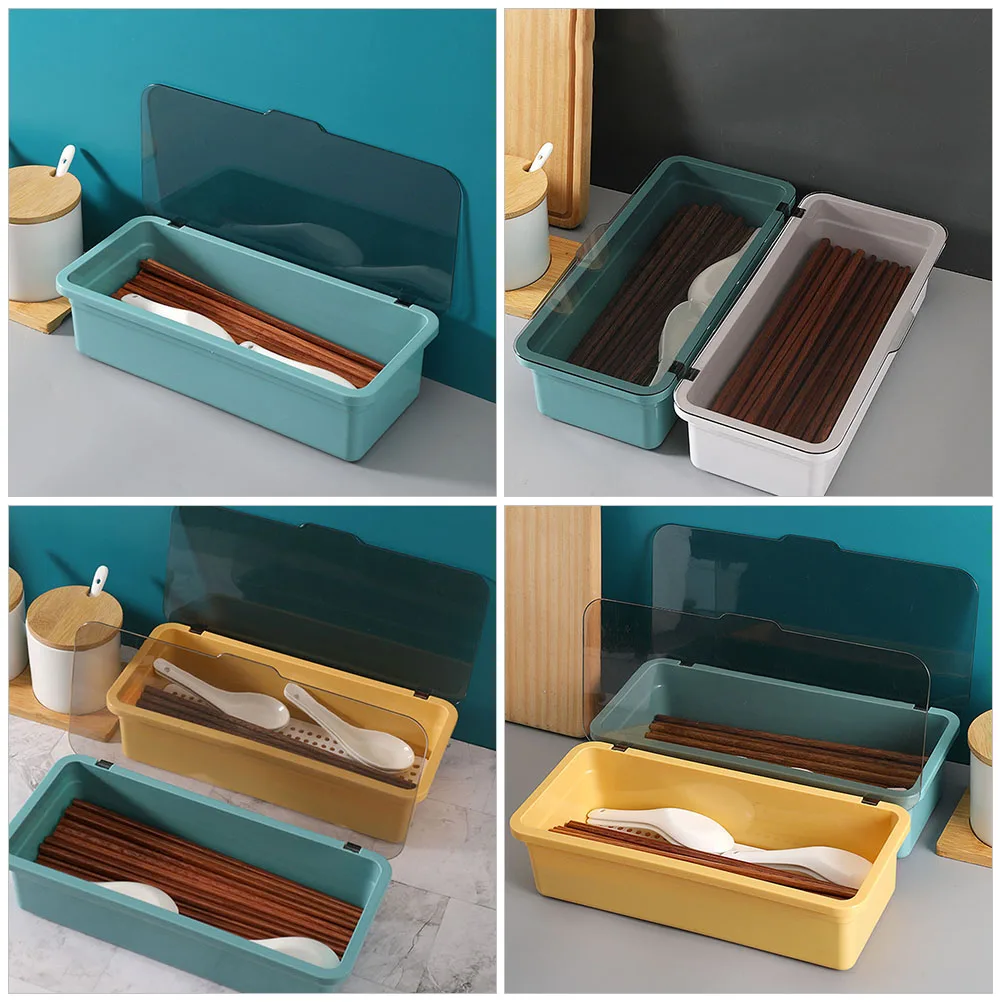 

2pcs Cutlery Box Transparent Lid Plastic Utensil Holder Multi-Function Chopsticks Box Countertop Storage Case Household