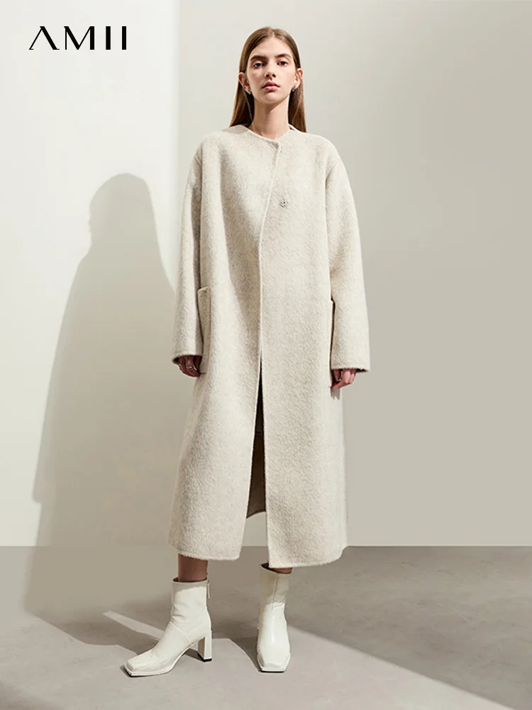 AMII minimalista nuovo cappotto di lana cinese per le donne 2023 inverno lungo caldo colletto alla coreana giacche alla moda su entrambi i lati