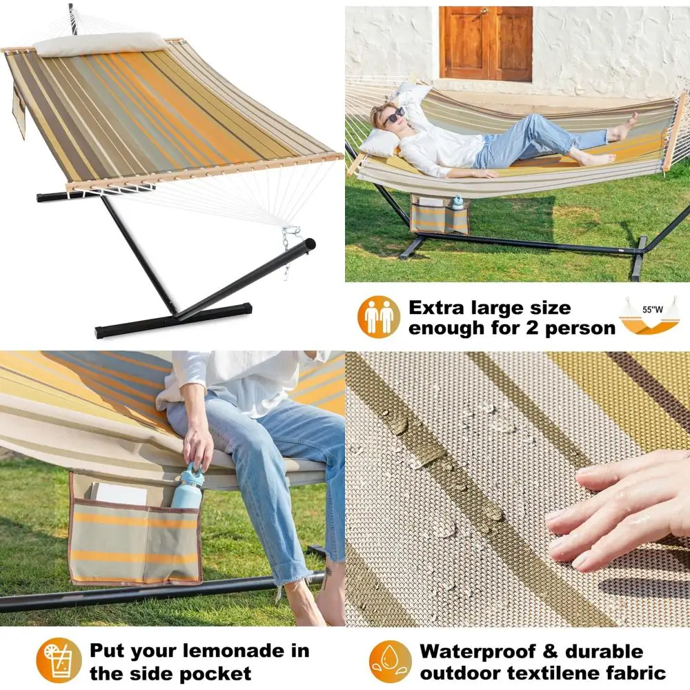 

Heavy-Duty Outdoor 2-Person Quick-Dry Textilene Hammock with Hardwood Spreader Bar for Durability and Comfort